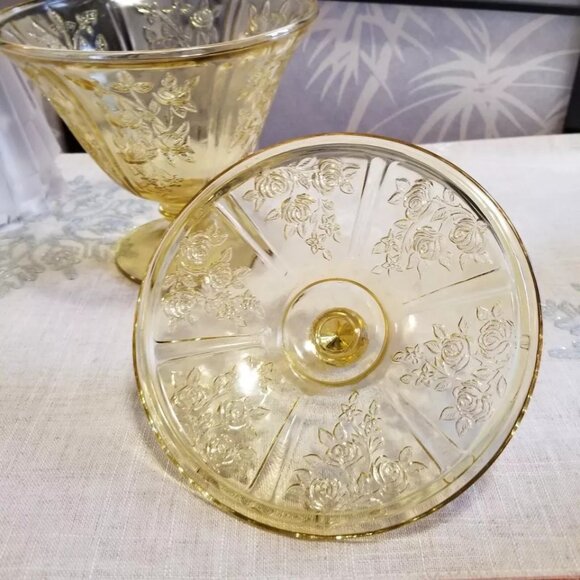 1930s Federal Sharon Cabbage Rose Yellow Depression Glass Candy Dish w/lid - Picture 4 of 4